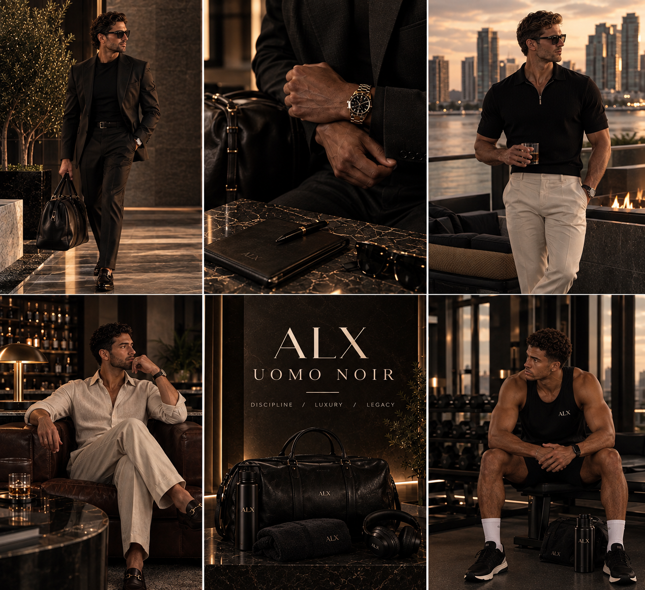 ALX Uomo Noir lifestyle campaign showing refined work, travel, leisure, and performance