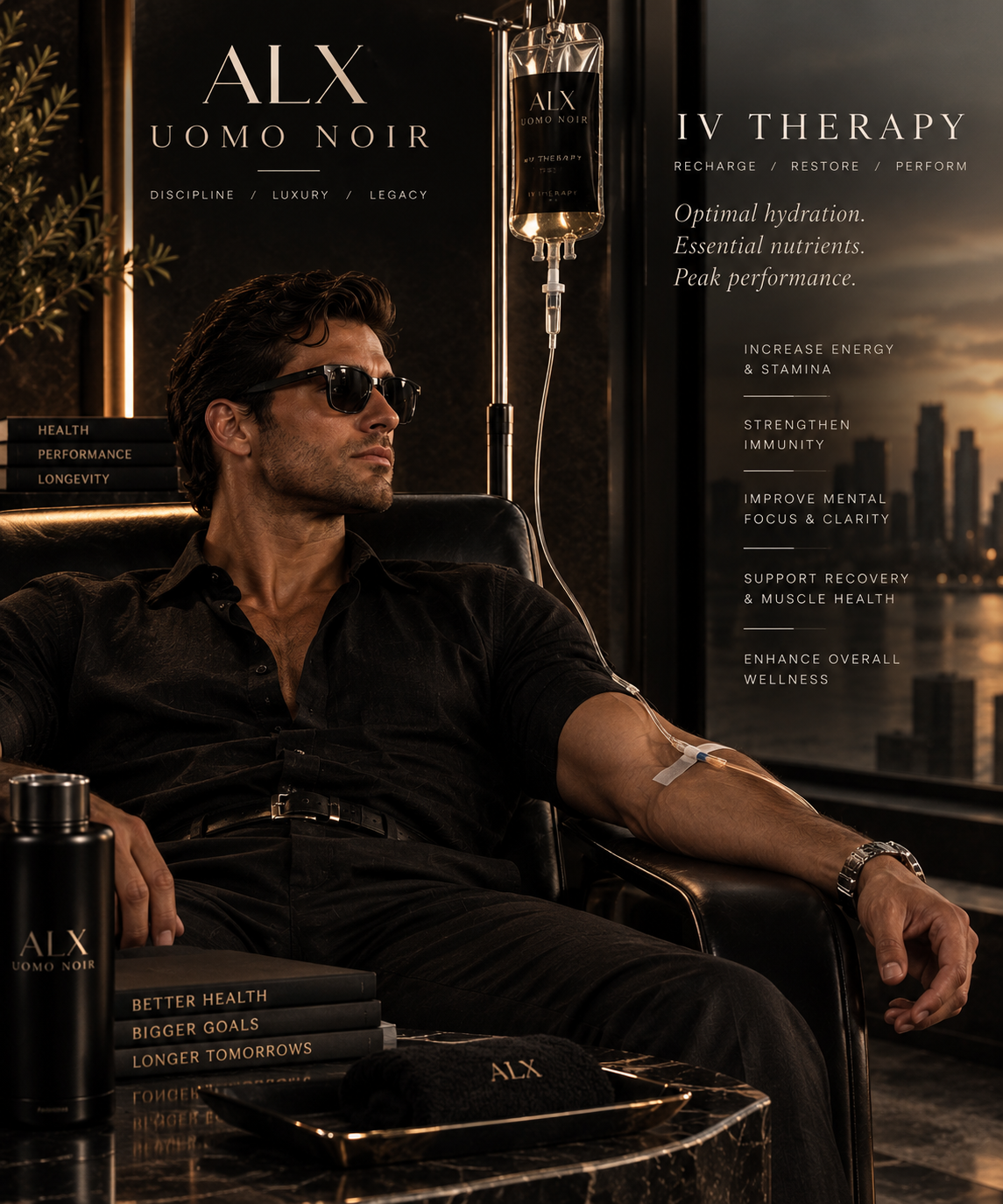 ALX Uomo Noir IV therapy campaign focused on recovery and performance