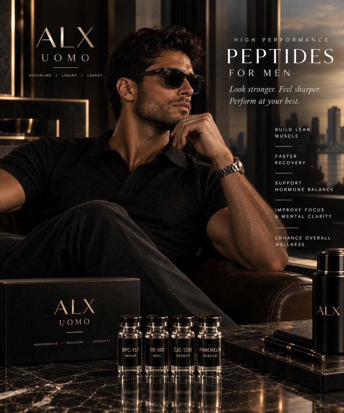 ALX Uomo Noir peptide therapy campaign with wellness protocols