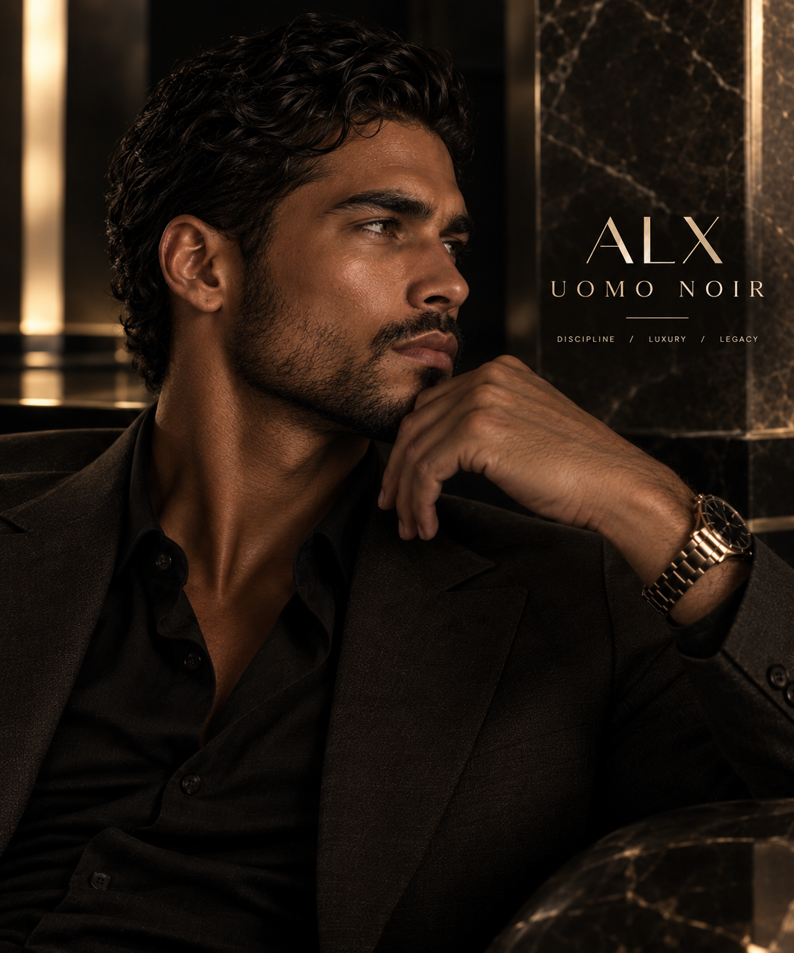 ALX Uomo Noir campaign portrait of a man in tailored black eveningwear
