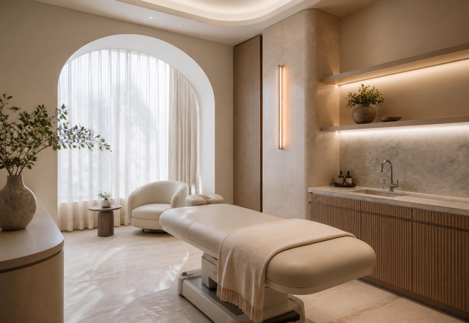 The Ariel Luxe treatment suite in warm neutral tones